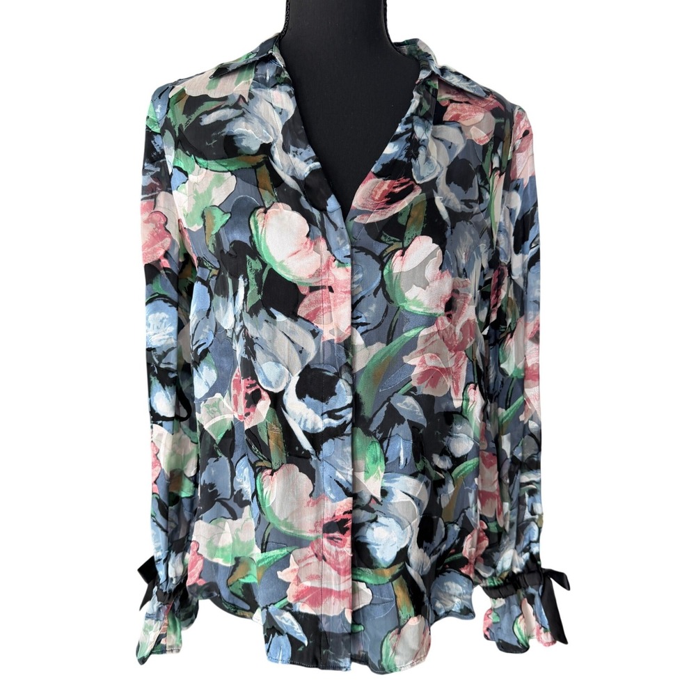 White House Black Market Sheer Floral Button Up Blouse Size S Spring Garden